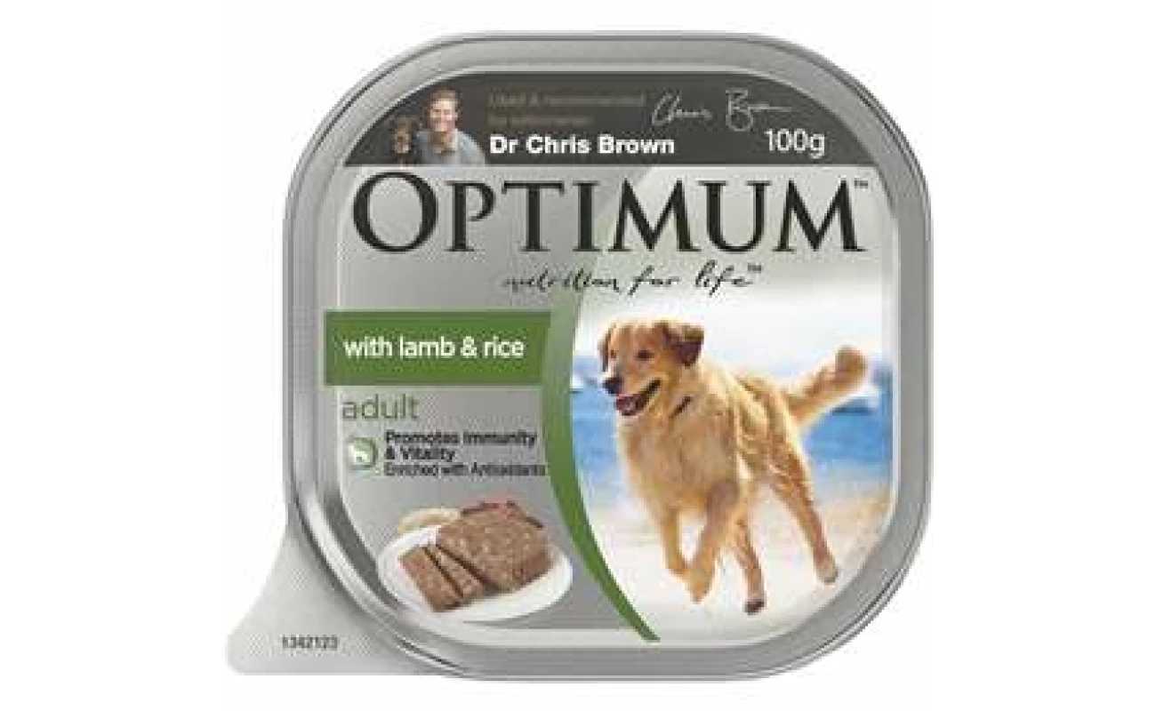 Optimum adult with lamb & rice wet dog food tray 100g